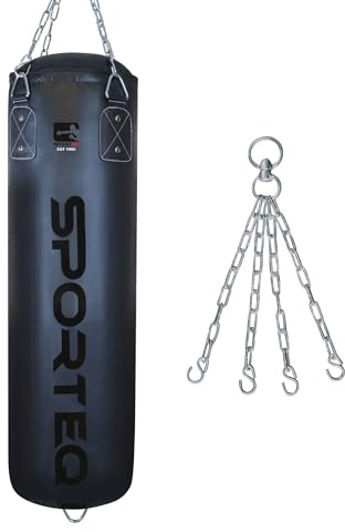 Sporteq Dyno Filled Heavy Boxing Bag 3FT, 4FT & 5FT for All Ages & Genders | Punching Martial Arts Kickboxing Muay Thai Karate | Home & Commercial Gym Use (4FT Punch Bag + Chain)