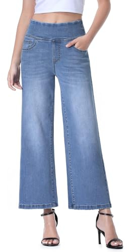 Chasehot Vaqueros Mujer Elásticos, Tiro Alto con Control de Vientre, Pantalones Anchos de Pierna Recta Crop Elegantes
