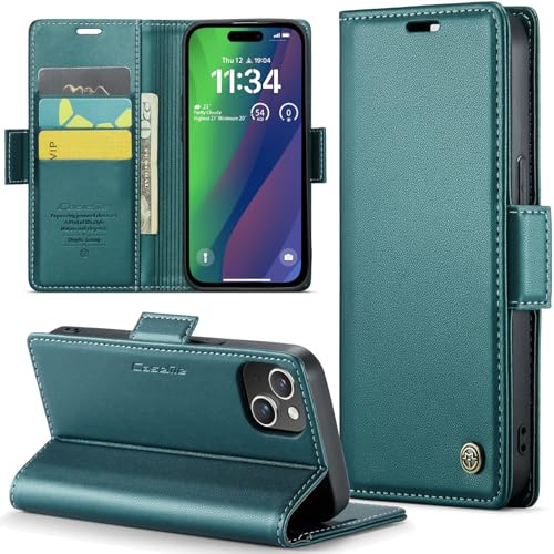 Rerzoiro Cover per iPhone 15 6,1 Custodia Portafoglio [Blocco RFID] Premium Pelle PU Wallet Case Flip Libro con Porta Carte Slot Supporto Flip Case per iPhone 15, Blu-verde
