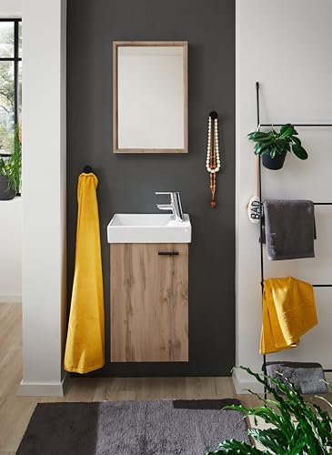 Mobile Bagno Salvaspazio Quercia con Lavabo e Specchio 41x23x165 cm | Lavabo ceramica bianca, specchio con cornice, anta con maniglia nera, montaggio a parete, rubinetto escluso
