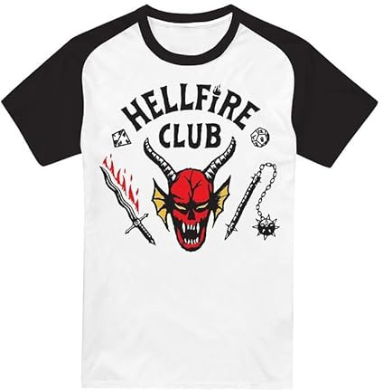 mandarin creative ltd Stranger Things Hellfire Club Raglan T Shirt, Black, Bianco/Nero, L Unisex-Adulto