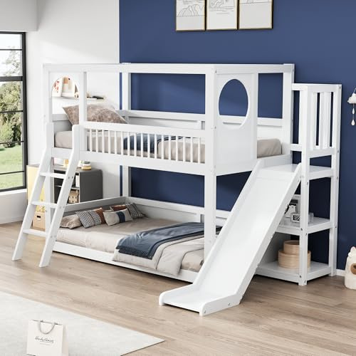 Easexcy Litera para niños, cama doble, cama infantil multifuncional, con estantes, con tobogán, sin colchón, color blanco, 90 x 200 cm