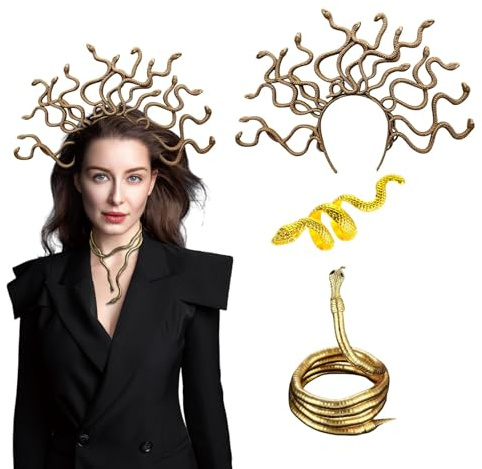 Xvbhaq 3 Stück Medusa Kostümzubehör, Medusa Stirnband, Halskette, Ring, Karneval Halloween, Retro Medusa Schlangenform Kostümspiel, Karneval Schlangenkostüm für Damen