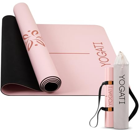 YOGATI® Tappetino Yoga Antiscivolo Per Donna | Tappetini in Gomma Per Pilates Con Linee Di Allineamento, Grande Tappetino Per Esercizi Con Borsa E Tracolla Per Palestra, Allenamento a Casa | Rosa