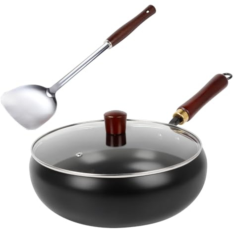mumisuto Poêle en fer non revêtue, forgée à la main avec couvercle en verre et pelle pour frire, bouillir, ragoût à haute température