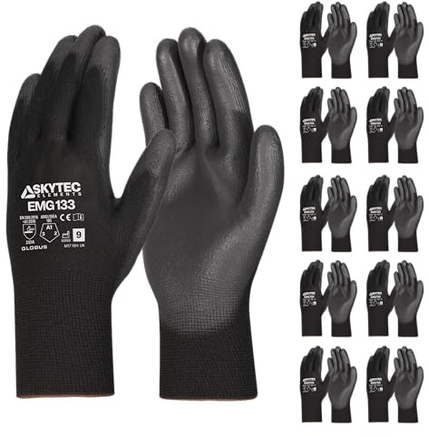 Skytec Pack of 10 or 120 Black Safety Work Gloves, Outdoors PU and Nylon Non-Slip Work Handling Gloves, Good Dexterity Firm Grip Protective Working Gloves (Pack Of 10 Pairs, Medium)