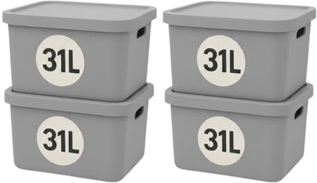 Plastard Aufbewahrungsbox mit Deckel 4er-Set 31 Liter in Grau | BPA-Freie Ordnungsbox für Küche, Bad, Büro, Kinderzimmer, Robuste Stapelbare Kunststoffbox, 46 x 34 x 26 cm, Ordnungskiste