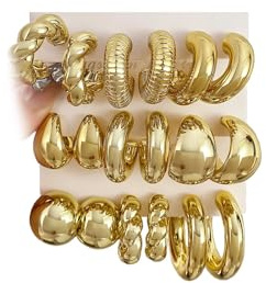 SXIDUTON 10 par örhängen dam, 14K guldpläterade Chunky Hoop örhängen set, allergivänliga tjocka lätta guldsilverkreoler för kvinnor, En Storlek, Metall, Ingen ädelsten