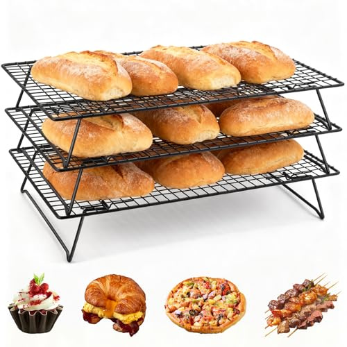 KOUHA Grille de Refroidissement Empilable (42,5 x 27,7 cm) à 3 Niveaux Pliable et Peu Encombrante Idéale pour Les Gâteaux Les Grillades Les Biscuits et l'égouttage Noir