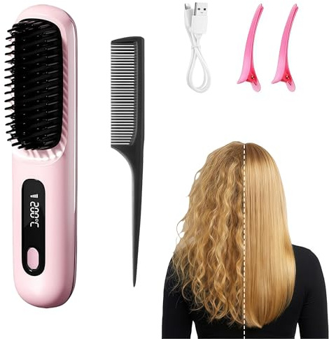 Zegla Control Pro Stylingbürste - Wiederaufladbare Haarglättungsbürste kabellos, Glattes, welliges oder krauses Haar jederzeit perfekt stylen unterwegs (Zartrosa)