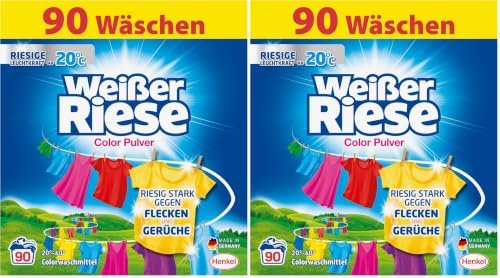 Weißer Riese Color Pulver (90 Waschladungen), Colorwaschmittel mit riesiger Waschkraft schon ab 20° C, riesig ergiebiges Waschpulver, ideal für Familien mit Kindern (Packung mit 2)