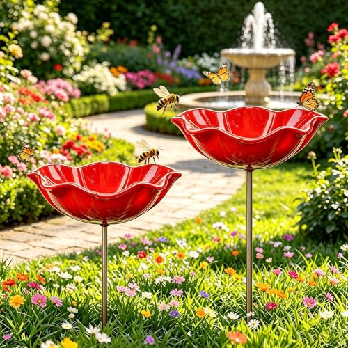 2 Stuick Bienentränke Blume für den Garten, Bienentränke Insektentränke Gartendekoration, Vogeltränke Blume, Metall Gartenstecker Vogeltränke,Dekorative Fütterschale für Vögel und Bienen
