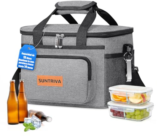 SUNTRIVA Nevera Portatil 15L Bolso Neveras Isotermica Bolsas Termica | Impermeable ,Oxford 600D de alta resistencia, Gris,Tela Plegable, Ideal para Oficina ,Playa, Viaje ,Pícnic ,Camping