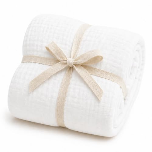 Musselin Babydecke Puckdecke für Babys, 4-lagig, 80 x 120 cm Weiß | 100% Bio-Baumwolle, kuschelweich, atmungsaktiv, Stilltuch, Krabeldecke