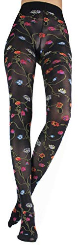 WOOTI TIGHTS Strumpfhose FANTASIA M NERO Blumenmuster mehrfarbig, Mikrofaser 80 den, weich, undurchsichtig, widerstandsfähig, Flachnaht, Baumwollzwickel