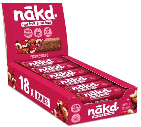 Nākd. Framboises | Raw Barres de Fruits et Noix | 18 x 35g (630g) | Vegan | Sans Gluten | 100% D'Ingrédients Naturels | Sans Sucres Ajoutés