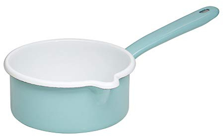 Riess, 0036-109, Stielkasserolle mit großem Ausguss ø 14cm, NATURE GREEN LIGHT, Emaille, Vol. (rec.): 0,8 Liter, Made in Österreich, LBH: 30,7x17,3x9,1cm, 0,415kg, Induktionskocher kompatibel