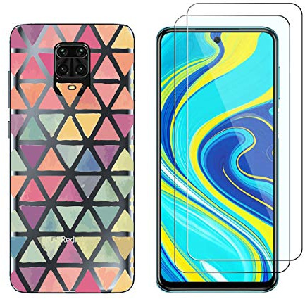 NOVAGO Compatible con Xiaomi Redmi Note 9S /Note 9 Pro/Note 9 Pro MAX - Combo Funda Gel de Silicona + 2 Protectores de Pantalla de Vidrio Templado (Triangulos)