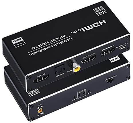 HDMI Splitter Audio Extractor, 1 in 2 Out HDMI Splitter with 3.5mm Audio Jack + Coaxial + Optical Toslink SPDIF for Dual Monitors Duplicate/Mirror Only, Support HDMI 2.0 1080P/ 3D/ 4K HDR 10