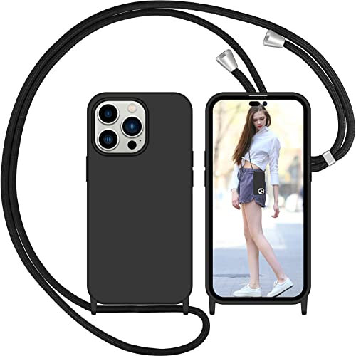 Nupcknn Coque avec Cordon pour iPhone 14 Pro, Liquide Silicone Coque Collier Réglable Téléphone Étui Portable Lanyard Case Protection Complète Cover de iPhone 14 Pro(Noir, 6.1)