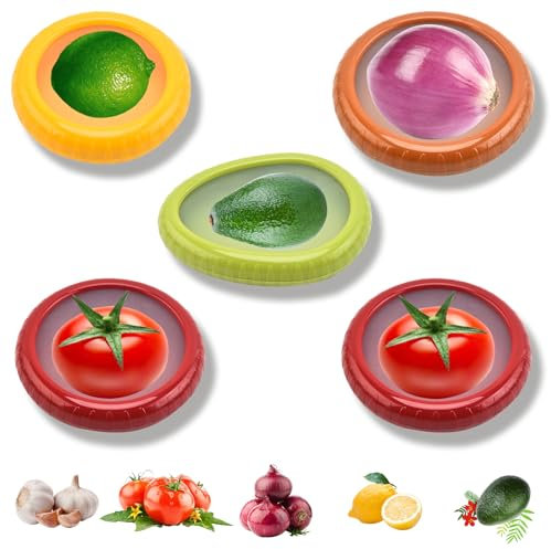 Qivine 5 Piezas Contenedores de Almacenamiento de Silicona, Reutilizable Recipientes Herméticos para Alimentos de Conservación, Aguacate Organizador Nevera con Tapa para Cebolla Tomate y Limón