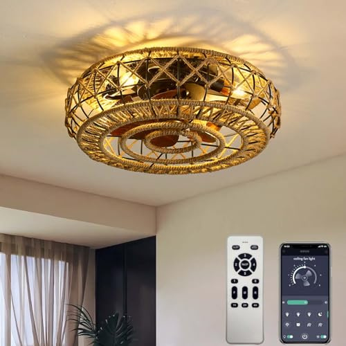Lrenjon Hemp Rope Caged Ceiling Fan with Light and Remote, Hand Woven Ceiling Fans with Lamps 6 Speed Dc Motor Reversible, E27 Fan, Quiet Vintage Ceiling Fan with Light for Bedroom Living Room
