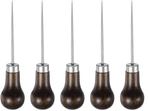 QUARKZMAN 5Pcs Herramientas de Costura a Mano con Madera Mango Punzón de Cuero con Agujero Arañazo para Alambre Roto Reparación Marcar Perforar Coser Manualidades DIY Color Tronco