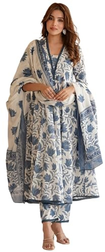 INDACORIFY Floral Printed Anarkali Cotton Kurta with Trousers and Indian Dupatta Suit, blue, XXL