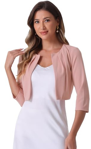 Allegra K Boléro en Mousseline Femme Blazer Court de Bureau à Haussement d'Épaules et à Manches 3/4 Cardigan Léger Plissé sans Col Rose M