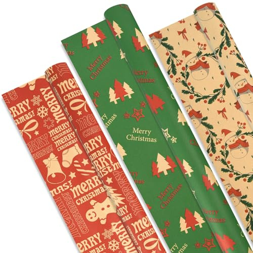 AhfuLife 3 Rollen Lang Geschenkpapier Weihnachten Set, 60cm x 6.5m Weihnachtspapier Set, Nature Kraftpapier Große Weihnachtsgeschenkpapier für Xmas Weihnachten Papier Geschenke Geburtstag Verpackung