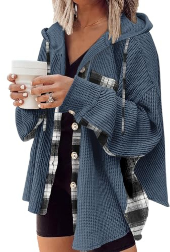 YNIQUE Damen Karierte Jacke mit Knöpfen - Langarm Shacket Mantel Waffelstrick Hemdbluse Oberteile