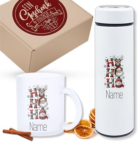 GRAZDesign Geschenkset Weihnachten Thermo Teeflasche mit Tasse, personalisiert mit Namen Motiv HO HO HO