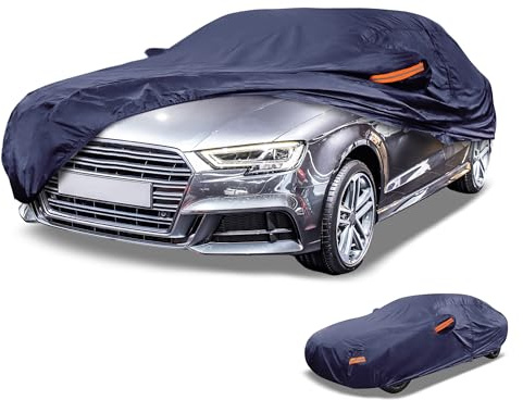 Partuto 190T-PU Universal Waterproof Car Cover for Sedan 178-186in | All Weather Waterproof, UV Sun Rain Protection, Left Side Zipper, Navy Blue