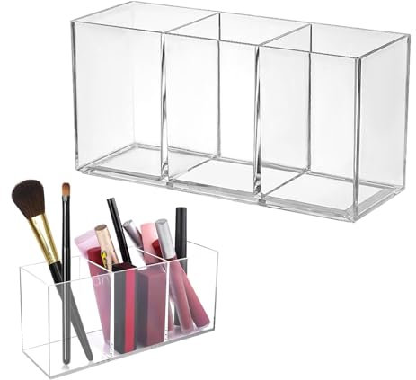 Parthan Acryl Pinselhalter Schminktisch, Make-up Aufbewahrungsbox, Organizer mit 3 Fächern, Kosmetik Stiftehalter, Perfekt für Lippenstifte, Eyeliner und Bürobedarf, Transparent, 20x9cm