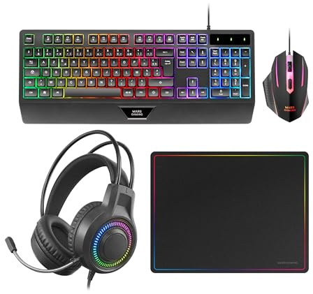 Mars Gaming MCP124PRO, Gaming Combo 4i1, RGB H-Mech Tangentbord med Handledsstöd, RGB Mus 3200DPI och HUANO-switchar, FRGB Headset, Nanotextil Musmatta 36x26cm, Multiplattform, Spanska, Svart