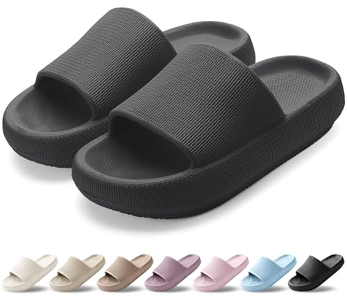 HEOAARG Badelatschen Herren Damen Rutschfest Badeschlappen Wolke Weich Schlappen Slippers Sommer Pantoletten Badesandalen Cozislides Flip Flops Innen/Außen，Schwarz，44-45 EU