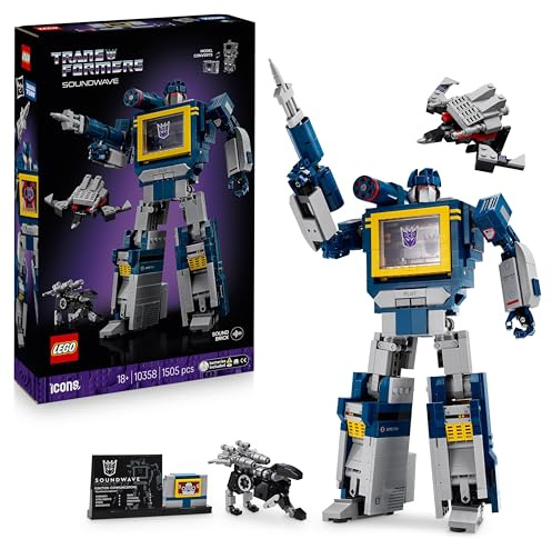 LEGO Icons Transformers: Soundwave Set for Adults - Display Model Kit with Convertible Figures incl. Laserbeak & Ravage, plus a Sound Brick - Collectible Gift for Fans - 10358