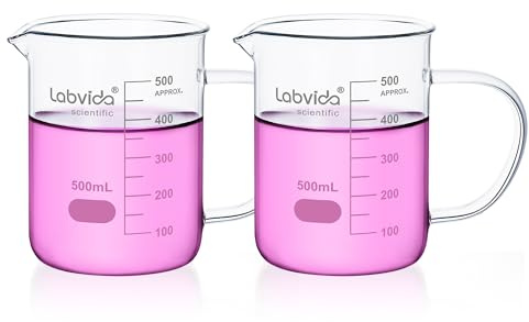 Labvida Glass Beaker with Handle, 2PCS of Vol. 500ml, 3.3 Borosilicate Griffin Low Form with Printed Graduation,LVAT001