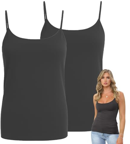 Hamishkane® Dam enkel bodycon cami rem ärmlösa linnen, förpackning med 2 smal passform rund hals väst toppar kvinnor Storbritannien, stretchig gymkläder, avslappnad sommar damer cami topp, Träkol, 38