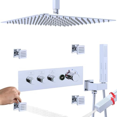 16 Inch Rainfall Shower Head System, Brass Shower Diverter Valve Flow Control Valve with LED Temperature Display, 4 Body Jets and Handheld Spray High Pressure Shower Faucet Combo Set Chrome