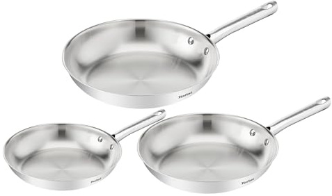 Tefal Duetto On - Juego de Sartenes de 20/24/28 cm, Acero inoxidable, Cocción rápida y uniforme, Apto inducción, Mango ergonómico, 10 años de garantía, Resultados crujientes