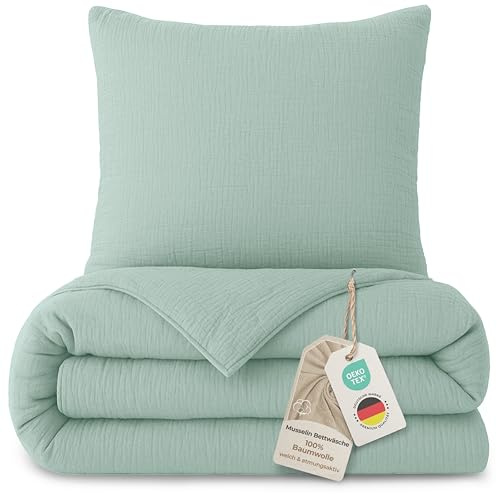 LAYNENBURG Premium Musselin Bettwäsche 135x200 cm + 80x80 cm - Oeko-Tex – 100% Baumwolle – atmungsaktiv & bügelfrei – 3 lagiges Musselin mit Reißverschluss & Haltebändern (mintgrün)