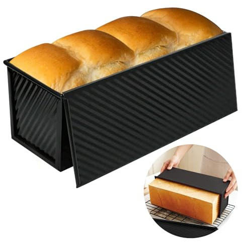 inodiref Moldes Para Pan Con Tapa Masa de 1000g, Antiadherente Grande Molde Para Pan De Molde Con Tapa, Molde Pan De Molde Acero Al Carbono Corrugado Para Hornear Tostadas, Pan, Pasteles y Sándwiches