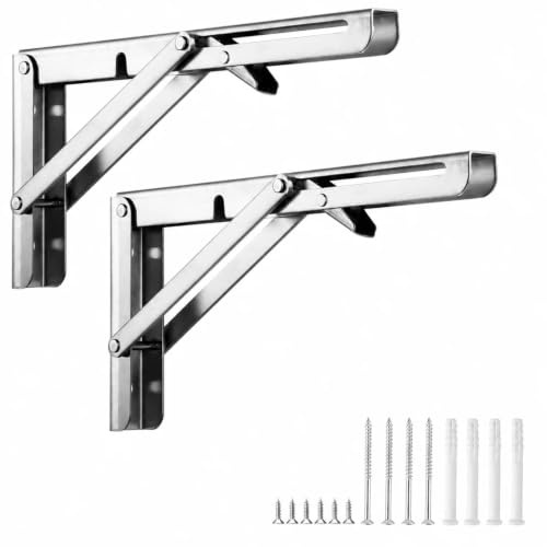 15 cm hopfällbar hylla i rostfritt stål silver, 2 stycken fällbara hyllstativ, tung belastning max 30 kg, vikbar konsol för väggbord, arbetsbänk, utrymmesbesparing