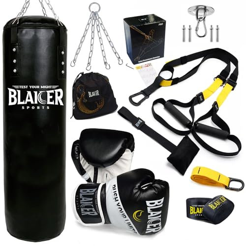 BLAICER Saco de Boxeo sin Relleno Equipado con Guantes de Boxeo, Vendas de Boxeo, Cadena, Soporte y Sistema de Entrenamiento en Suspensión | Completo Kit para Gimnasio en Casa (Negro)