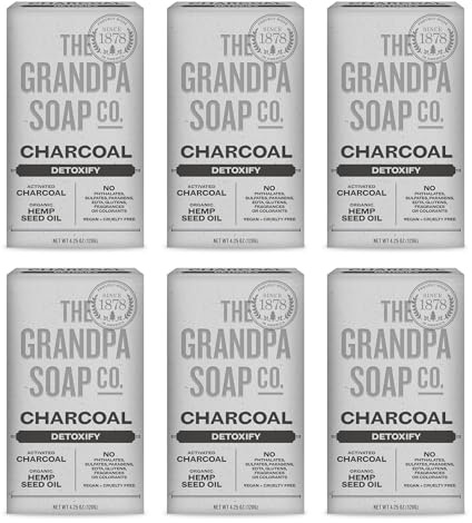 The Grandpa Soap Company Charcoal Bar Soap - With Activated Charcoal Hemp Seed and Mint Oil, Detoxifies, Draws Out Dirt and Toxins, Clear Congested Pores, Vegan, 4.25 Oz, 6 Pack