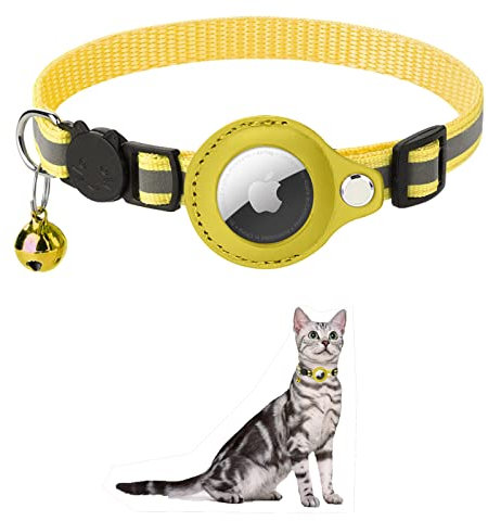 KOCNYDEY Reflektierendes AirTag Katzenhalsband, Anti-Lost Cat Tracker Halsband mit verstellbarem Halter & integrierter Glocke Apple Air Tag Katzenhalsband für Katzen kleine Hunde Welpen (Gelb)