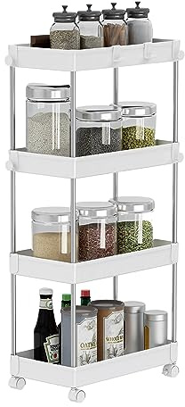 Mondeer Küchenregal auf Rädern, Vierlagiger Lagerwagen Regalwagen, multifunktional, Geeignet für Büro Küche Badezimmer, B22 x T40 x H85cm, Weiß