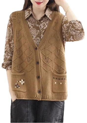 Gilet da donna in maglia cardigan senza maniche, top retrò fatto a mano in maglia, maglione alla moda, abbigliamento da donna, kaki