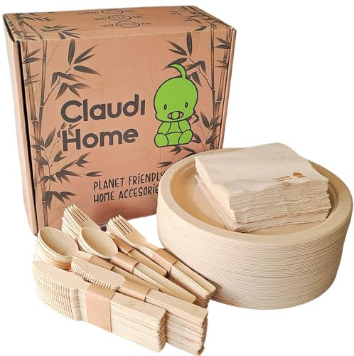 Stoviglie usa e getta compostabili 50 ospìti. Bambù ecologico- 250 pezzi (Piatto 25cm, Forchetta/Coltello/Cucchiaio 16cm, Tovagliolo 26cm) Picnic, barbecue, festa, compleanno. @Claudi Home